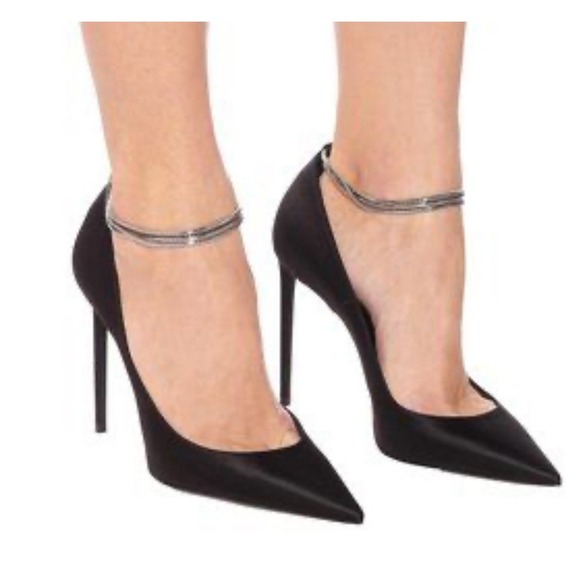 New Saint Laurent Paris Zoe‎ Chain Black Satin Pump  SIZE 36.5 - Picture 2 of 11